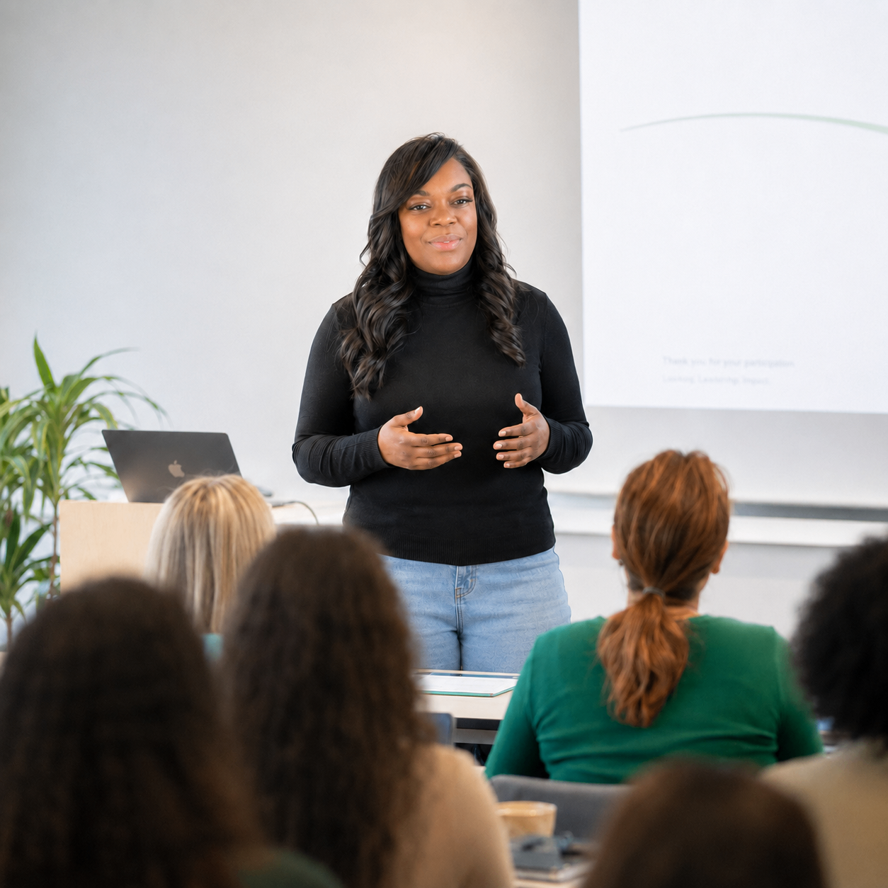 Sharleen DaCosta facilitating school training in front of an audience