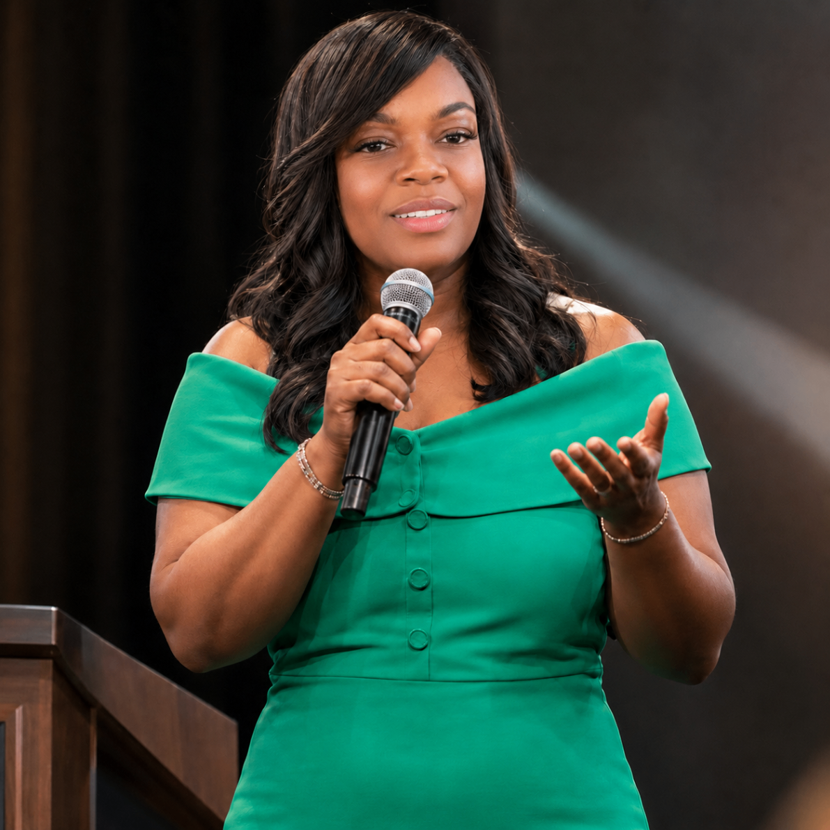 Sharleen DaCosta speaking on stage with a microphone